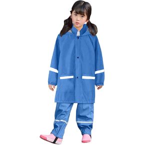 Boys Girls Hooded Rain Suit Kids Long Sleeve Windproof Raincoat with Pants Hoodie Button Down Rain Jacket Coverall