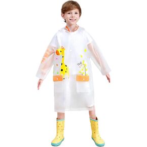 Toddler Boys Girls Clear Rain Poncho Cute Print Pocket Kids Hooded Raincoat Rainwear Waterproof Jacket Button
