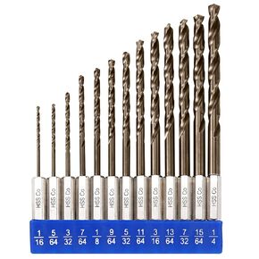 Cobalt Drill Bit Set for Hardened Metal and Stainless Steel, M35 High Speed Steel Hex Shank Impact Drill Bits (13Pcs 1/16" -1/4")