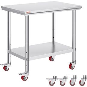 Vevor Mophorn Stainless Steel Work Table 36x24 Inch with 4 Wheels, Casters Heavy Duty Food Prep Worktable for Commercial Kitchen Restaurant, Silver in Kuwait