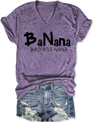 Nana Shirt for Women, Banana Bad Ass Nana Shirt, Funny Grandma V Neck Graphic Short Sleeve Tee T-Shirts in Saudi Arabia