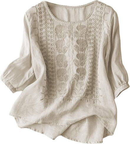 Women's Neck Floral Embroidered T Shirt Casual Summer Top for Daily Vacation Wear Layering Long Sleeve Shirts for in Saudi Arabia