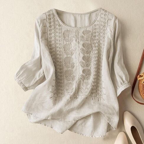 Women's Neck Floral Embroidered T Shirt Casual Summer Top for Daily Vacation Wear Layering Long Sleeve Shirts for in Saudi Arabia