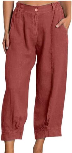 Women's Trousers Cotton and Linen Straight Leg Casual Cropped Pants Beach Vacation Capri Linen Pant with Pockets in Saudi Arabia