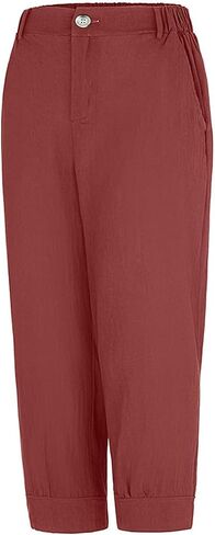 Women's Trousers Cotton and Linen Straight Leg Casual Cropped Pants Beach Vacation Capri Linen Pant with Pockets in Saudi Arabia