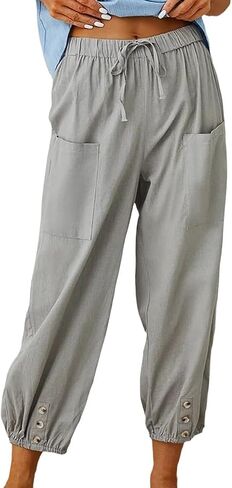 Women's High-Waist Button Cotton Linen Pants Drawstring Straight Wide Leg Pant Beach Capri Trouser with Pockets in Saudi Arabia