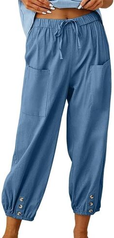 Women's High-Waist Button Cotton Linen Pants Drawstring Straight Wide Leg Pant Beach Capri Trouser with Pockets in Saudi Arabia