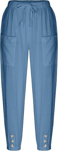 Women's High-Waist Button Cotton Linen Pants Drawstring Straight Wide Leg Pant Beach Capri Trouser with Pockets in Saudi Arabia