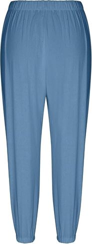 Women's High-Waist Button Cotton Linen Pants Drawstring Straight Wide Leg Pant Beach Capri Trouser with Pockets in Saudi Arabia