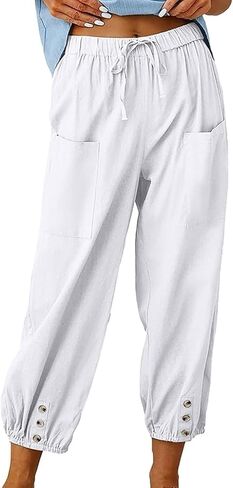 Women's High-Waist Button Cotton Linen Pants Drawstring Straight Wide Leg Pant Beach Capri Trouser with Pockets in Saudi Arabia