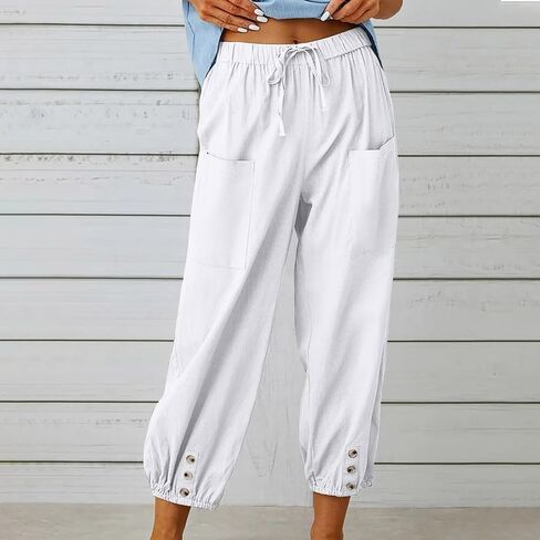 Women's High-Waist Button Cotton Linen Pants Drawstring Straight Wide Leg Pant Beach Capri Trouser with Pockets in Saudi Arabia