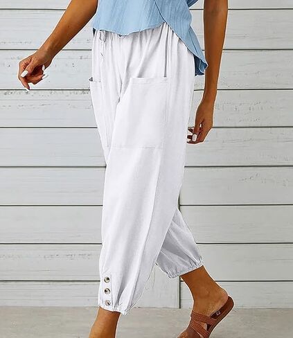Women's High-Waist Button Cotton Linen Pants Drawstring Straight Wide Leg Pant Beach Capri Trouser with Pockets in Saudi Arabia