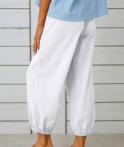 Women's High-Waist Button Cotton Linen Pants Drawstring Straight Wide Leg Pant Beach Capri Trouser with Pockets in Saudi Arabia