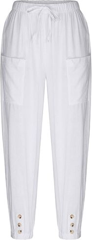 Women's High-Waist Button Cotton Linen Pants Drawstring Straight Wide Leg Pant Beach Capri Trouser with Pockets in Saudi Arabia