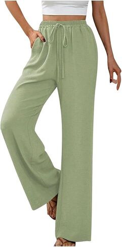 High Waist Wide Leg Linen Pants for Women Solid Color Elastic Drawstring Palazzo Pants Beach Trousers with Pockets in Saudi Arabia
