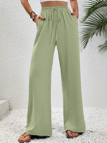 High Waist Wide Leg Linen Pants for Women Solid Color Elastic Drawstring Palazzo Pants Beach Trousers with Pockets in Saudi Arabia