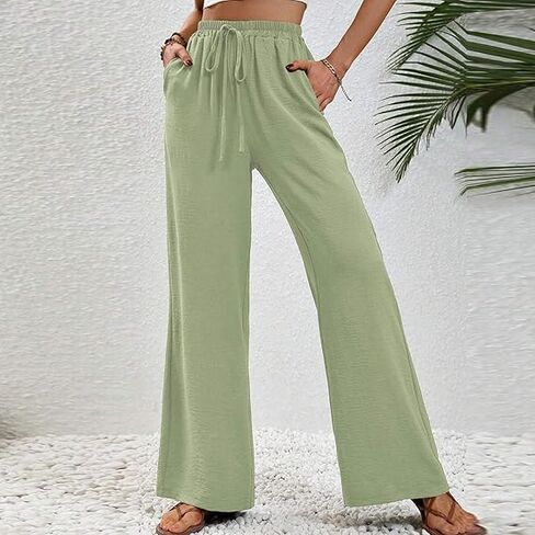 High Waist Wide Leg Linen Pants for Women Solid Color Elastic Drawstring Palazzo Pants Beach Trousers with Pockets in Saudi Arabia
