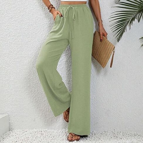 High Waist Wide Leg Linen Pants for Women Solid Color Elastic Drawstring Palazzo Pants Beach Trousers with Pockets in Saudi Arabia