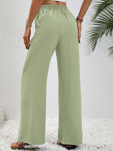 High Waist Wide Leg Linen Pants for Women Solid Color Elastic Drawstring Palazzo Pants Beach Trousers with Pockets in Saudi Arabia