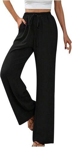 High Waist Wide Leg Linen Pants for Women Solid Color Elastic Drawstring Palazzo Pants Beach Trousers with Pockets in Saudi Arabia
