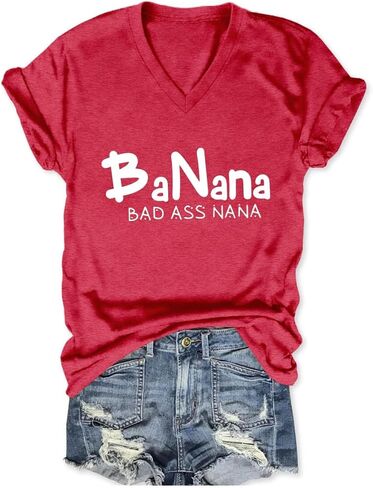 Nana Shirt for Women, Banana Bad Ass Nana Shirt, Funny Grandma V Neck Graphic Short Sleeve Tee T-Shirts in Saudi Arabia
