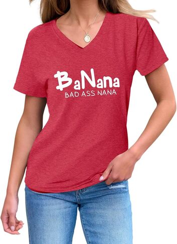Nana Shirt for Women, Banana Bad Ass Nana Shirt, Funny Grandma V Neck Graphic Short Sleeve Tee T-Shirts in Saudi Arabia