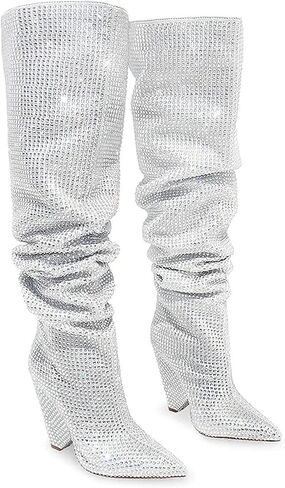 Liliana Women's Pointed Toe Fashion Rhinestones Boots Over Knee High Slouch Pull On Boots in Kuwait
