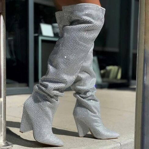 Liliana Women's Pointed Toe Fashion Rhinestones Boots Over Knee High Slouch Pull On Boots in Kuwait