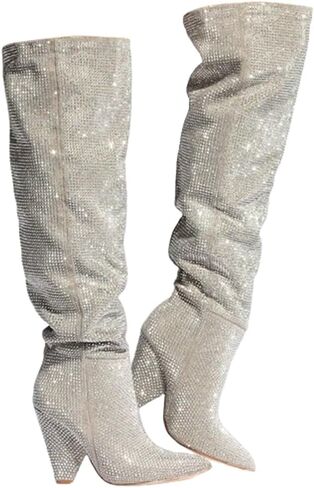 Liliana Women's Pointed Toe Fashion Rhinestones Boots Over Knee High Slouch Pull On Boots in Kuwait