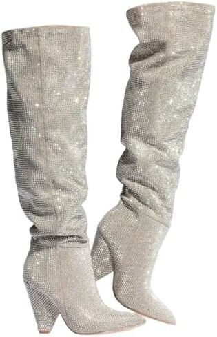 Liliana Women's Pointed Toe Fashion Rhinestones Boots Over Knee High Slouch Pull On Boots in Kuwait