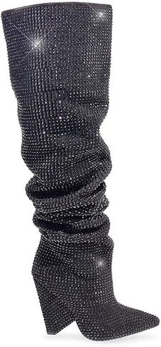 Liliana Women's Pointed Toe Fashion Rhinestones Boots Over Knee High Slouch Pull On Boots in Kuwait
