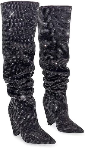 Liliana Women's Pointed Toe Fashion Rhinestones Boots Over Knee High Slouch Pull On Boots in Kuwait