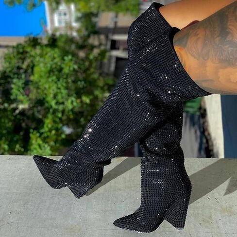 Liliana Women's Pointed Toe Fashion Rhinestones Boots Over Knee High Slouch Pull On Boots in Kuwait