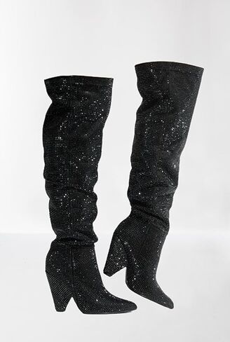 Liliana Women's Pointed Toe Fashion Rhinestones Boots Over Knee High Slouch Pull On Boots in Kuwait