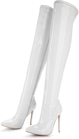 UniqueStride Women's Patent Leather Thigh High GoGo Boots Stiletto High Heels Pointed Toe Side Zip up Over the Knee Boots in Saudi Arabia
