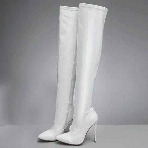 UniqueStride Women's Patent Leather Thigh High GoGo Boots Stiletto High Heels Pointed Toe Side Zip up Over the Knee Boots in Saudi Arabia
