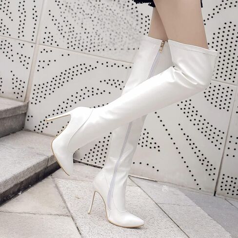 UniqueStride Women's Patent Leather Thigh High GoGo Boots Stiletto High Heels Pointed Toe Side Zip up Over the Knee Boots in Saudi Arabia