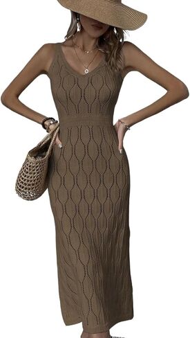 swimsuit coverup for women Sleeveless Knit V-Neck Hollow Pattern Slit Fitted Dress in Saudi Arabia