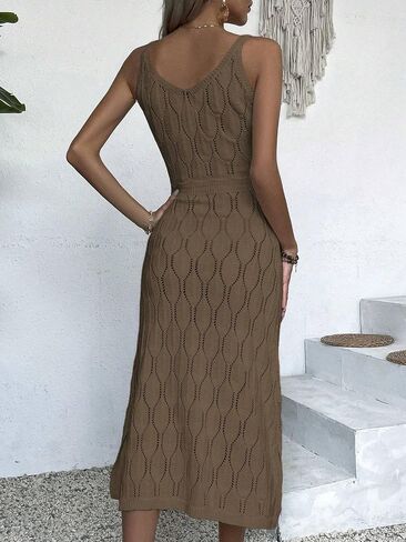 swimsuit coverup for women Sleeveless Knit V-Neck Hollow Pattern Slit Fitted Dress in Saudi Arabia
