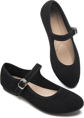 BABUDOG Womens Mary Jane Flats with Strap,Comfortable Dress Shoes for Women,Faux Suede Black Flats Shoes in Kuwait