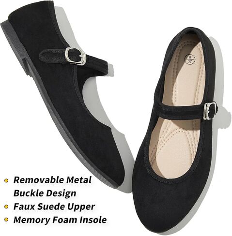 BABUDOG Womens Mary Jane Flats with Strap,Comfortable Dress Shoes for Women,Faux Suede Black Flats Shoes in Kuwait