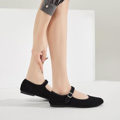 BABUDOG Womens Mary Jane Flats with Strap,Comfortable Dress Shoes for Women,Faux Suede Black Flats Shoes in Kuwait