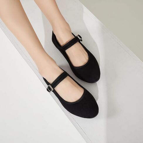 BABUDOG Womens Mary Jane Flats with Strap,Comfortable Dress Shoes for Women,Faux Suede Black Flats Shoes in Kuwait