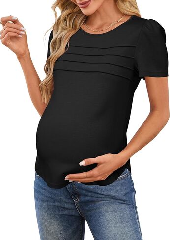 OUGES Womens 2025 قمصان الأمومة مطاطية على الأكمام قصيرة طاقم الرقبة تونك الصيف ملابس الحمل غير الرسمية in Saudi Arabia