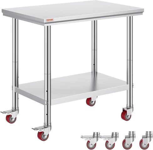 طاولة عمل من الفولاذ المقاوم للصدأ مقاس 36 × 24 بوصة من Vevor Mophorn مع 4 عجلات، طاولة عمل لإعداد الطعام شديدة التحمل لمطعم المطبخ التجاري، فضي in Kuwait