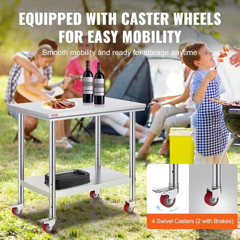طاولة عمل من الفولاذ المقاوم للصدأ مقاس 36 × 24 بوصة من Vevor Mophorn مع 4 عجلات، طاولة عمل لإعداد الطعام شديدة التحمل لمطعم المطبخ التجاري، فضي in Kuwait