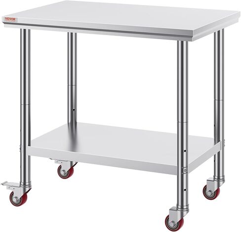 طاولة عمل من الفولاذ المقاوم للصدأ مقاس 36 × 24 بوصة من Vevor Mophorn مع 4 عجلات، طاولة عمل لإعداد الطعام شديدة التحمل لمطعم المطبخ التجاري، فضي in Kuwait