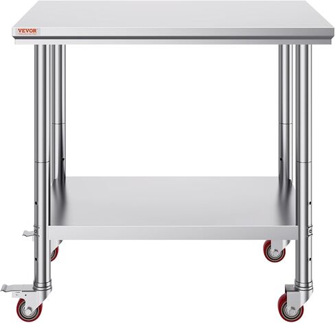 طاولة عمل من الفولاذ المقاوم للصدأ مقاس 36 × 24 بوصة من Vevor Mophorn مع 4 عجلات، طاولة عمل لإعداد الطعام شديدة التحمل لمطعم المطبخ التجاري، فضي in Kuwait