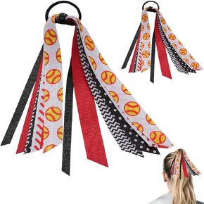 YKW 5 Pack Softball Hair Ties Ribbon Ponytail Holder for Girls - Sports Team Accessories with Baseball Stitching Pattern Scrunchies, Streamers Hair Bows Gift Set for Players, Fans, Mom (Softball)
