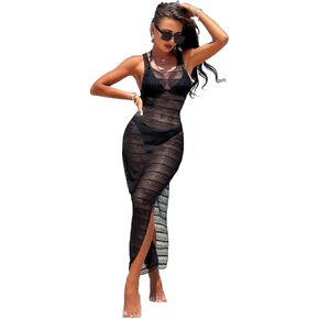 Women Swimsuit Cover Up V-Neck Hollow Out Sleeveless Side Slit Hem Cover-Up Dress